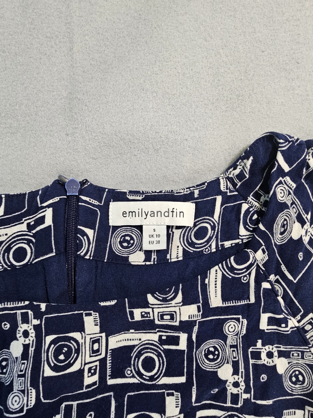 Emily and Fin Camera Print Fit & Flare Dress Blue White Retro Midi Pockets Small - Picture 4 of 10